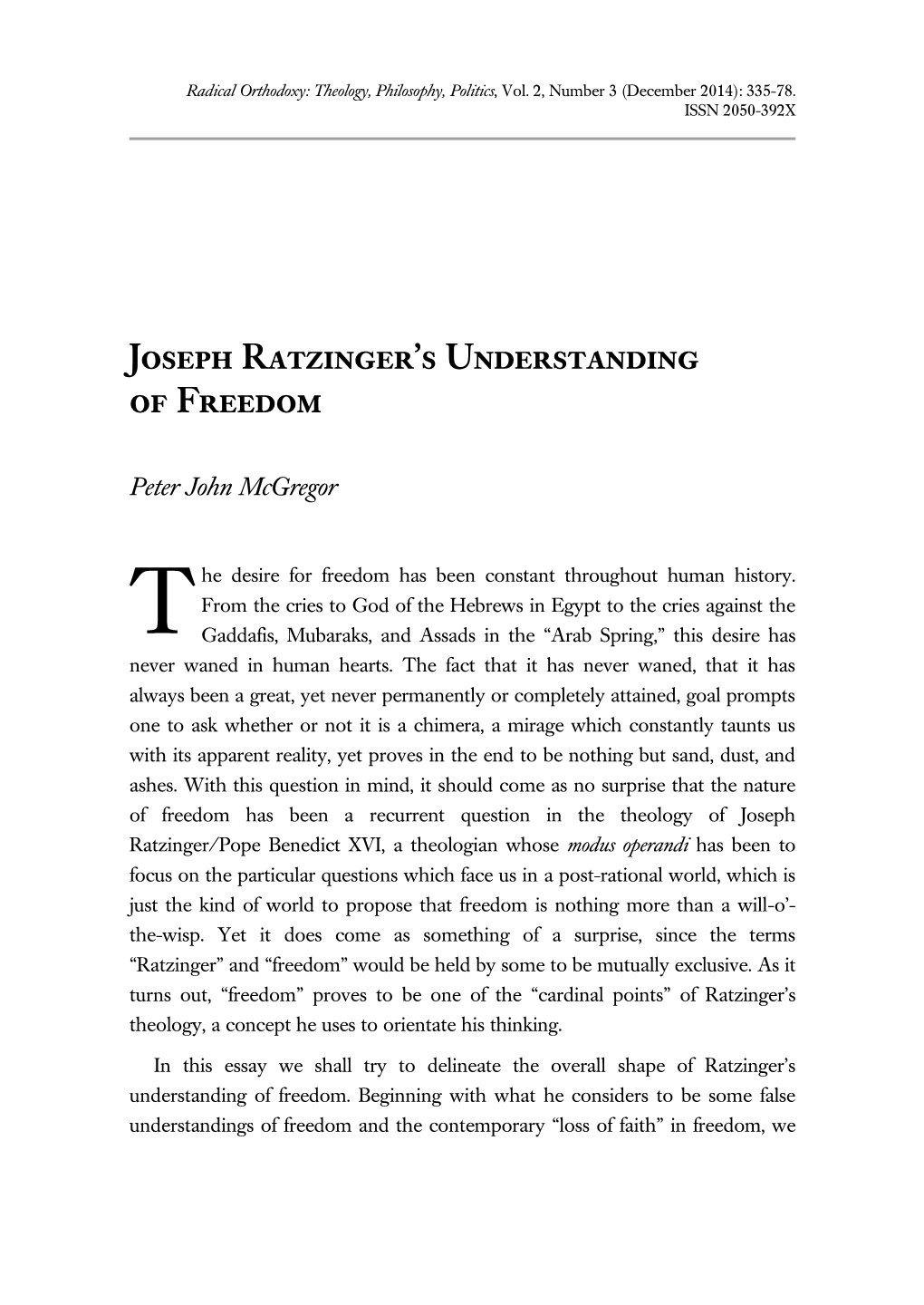 Joseph Ratzinger's Understanding of Freedom