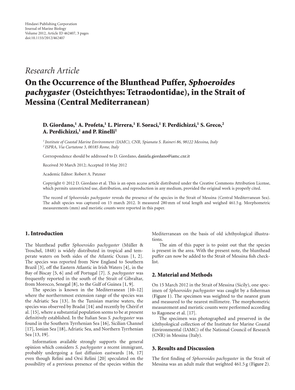 On the Occurrence of the Blunthead Puffer, Sphoeroides Pachygaster (Osteichthyes: Tetraodontidae), in the Strait of Messina (Central Mediterranean)