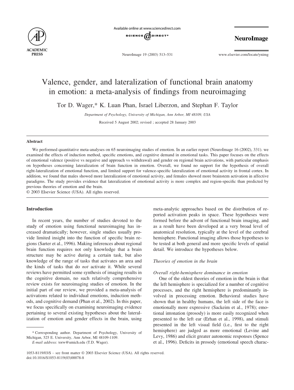 Valence, Gender, and Lateralization of Functional Brain Anatomy in Emotion: a Meta-Analysis of ﬁndings from Neuroimaging