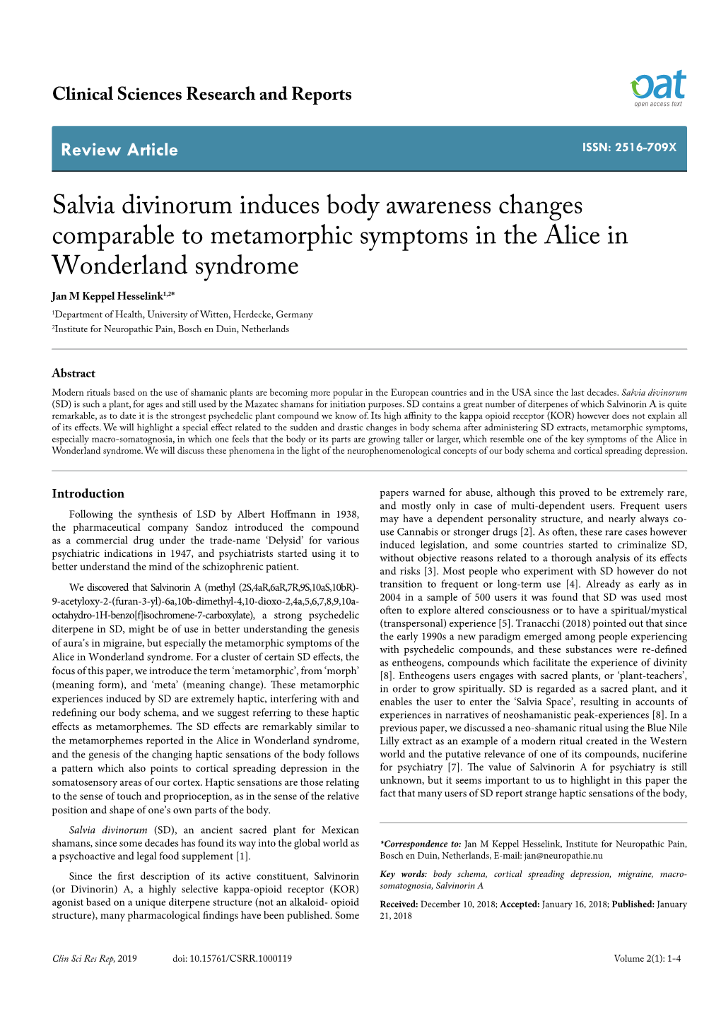 Salvia Divinorum Induces Body Awareness Changes Comparable To