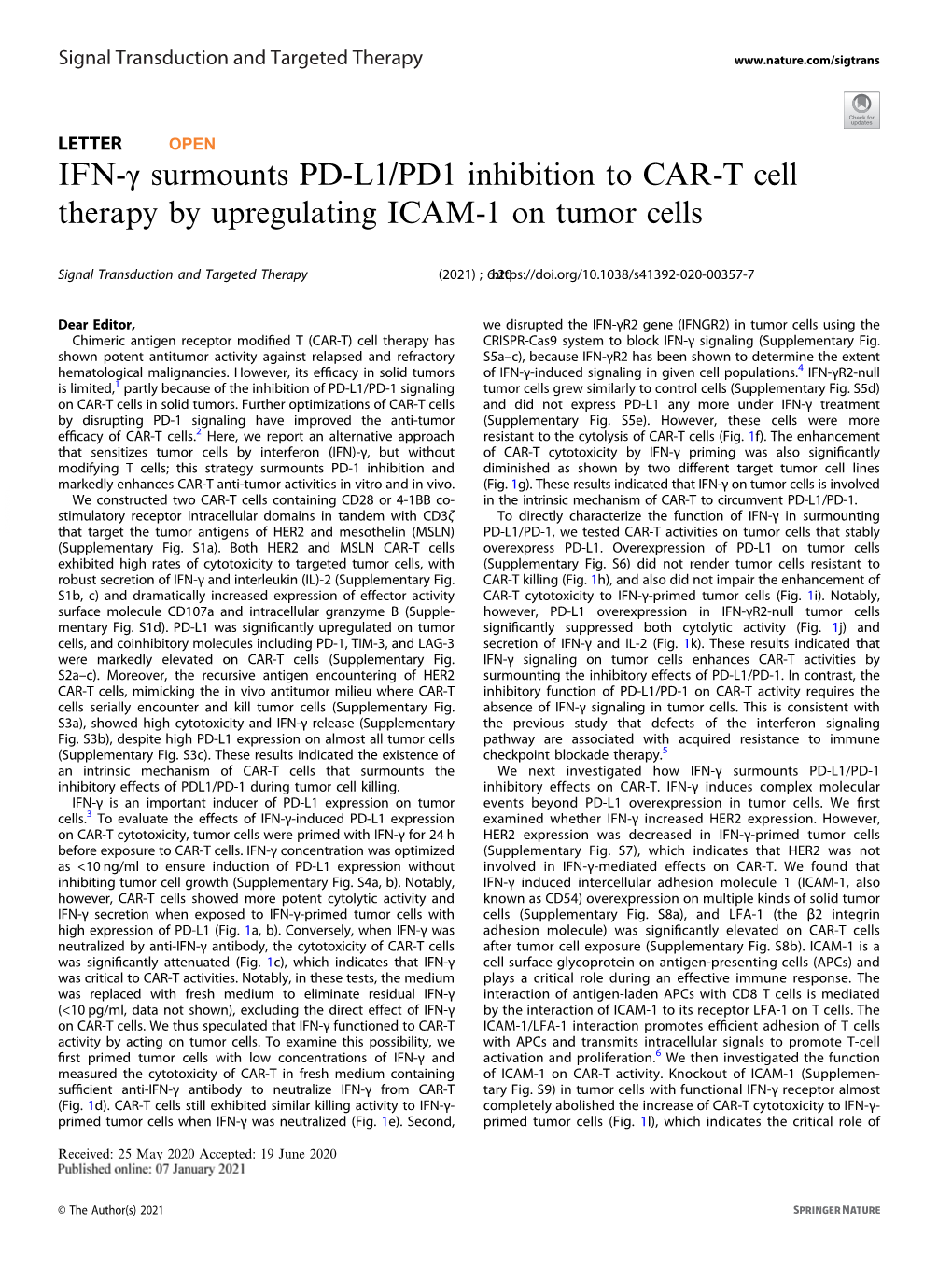 IFN-Γ Surmounts PD-L1/PD1 Inhibition to CAR-T Cell Therapy by Upregulating ICAM-1 on Tumor Cells