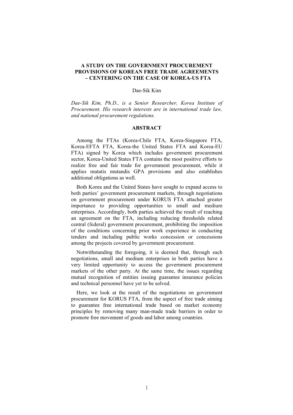 CENTERING on the CASE of KOREA-US FTA Dae-S