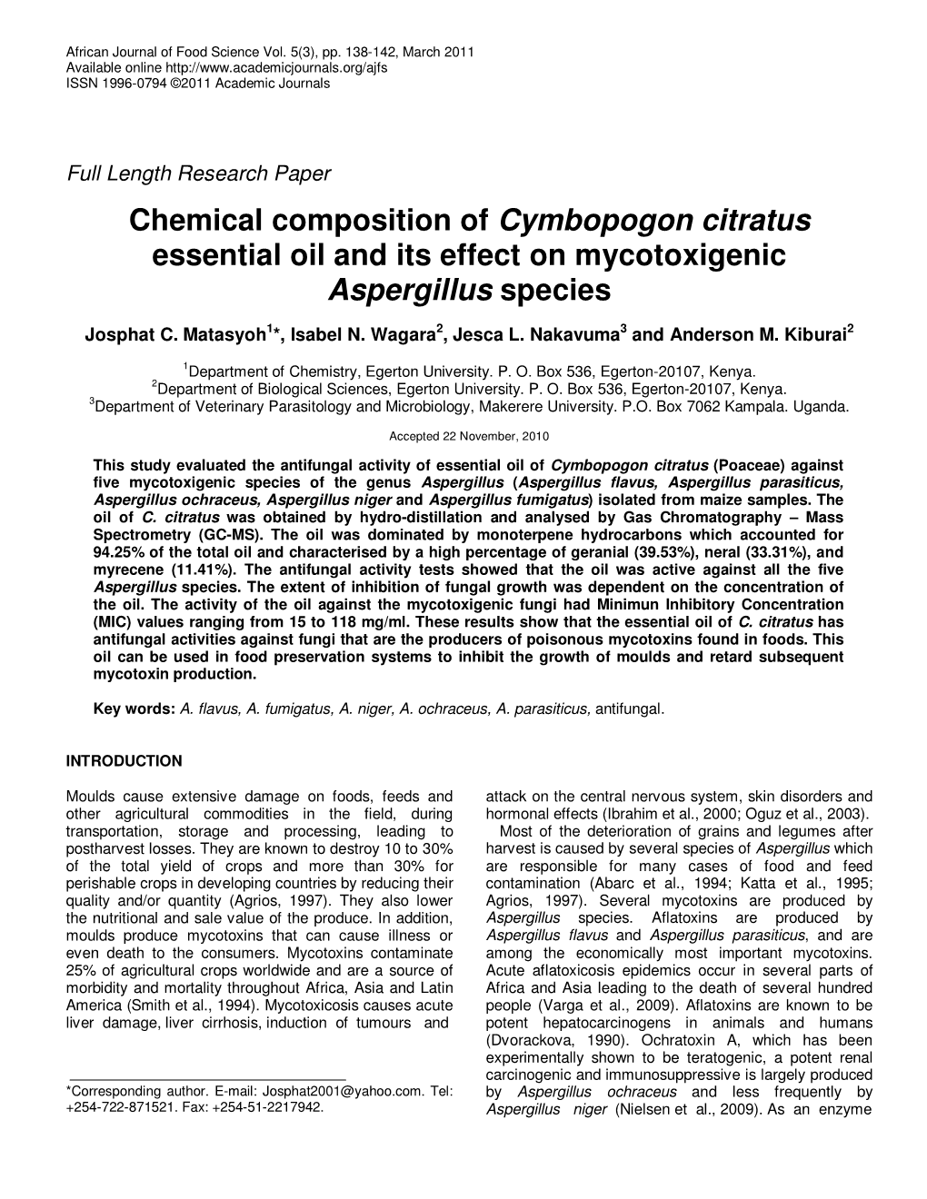 Chemical Composition of Cymbopogon Citratus Essential Oil and Its Effect on Mycotoxigenic Aspergillus Species