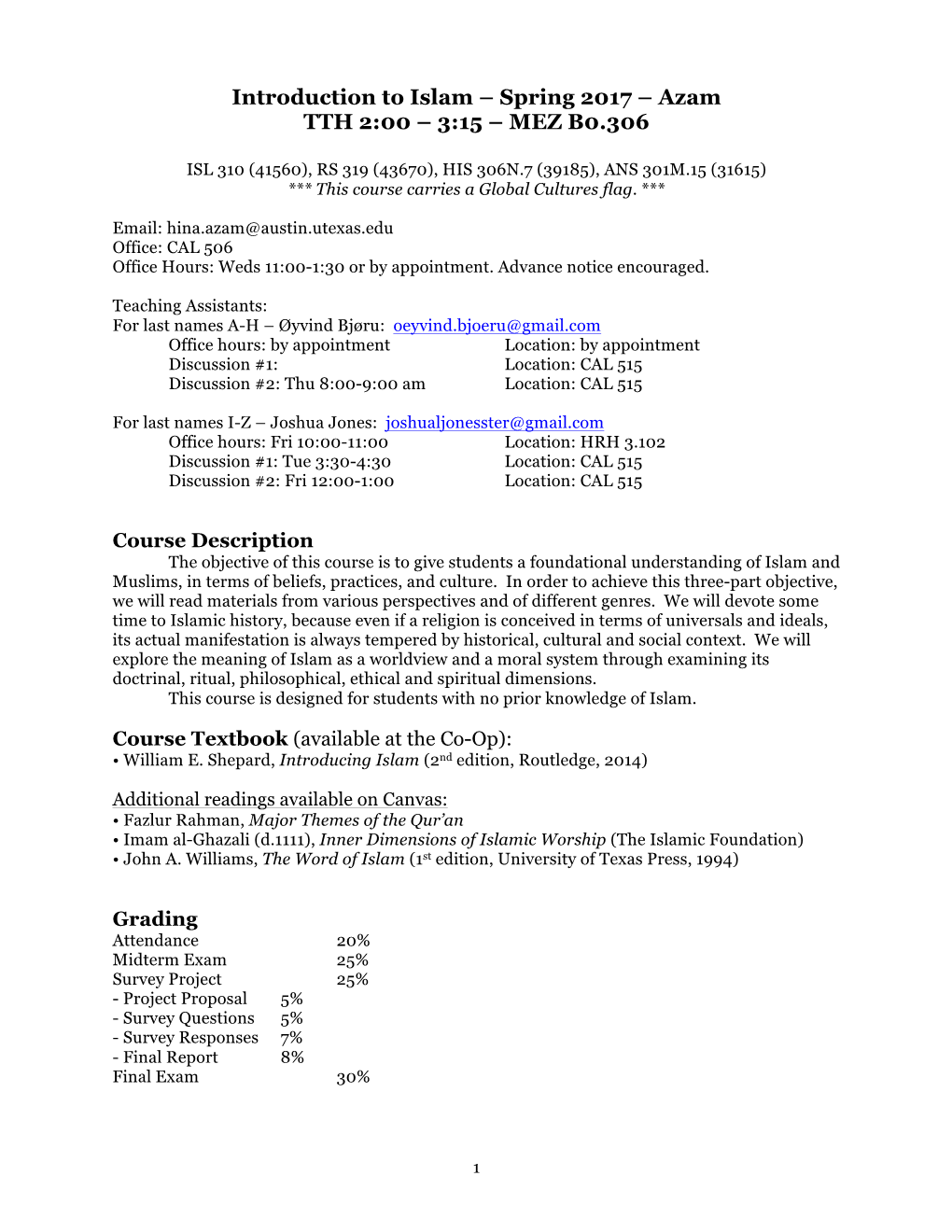Introduction to Islam – Spring 2017 – Azam TTH 2:00 – 3:15 – MEZ B0.306