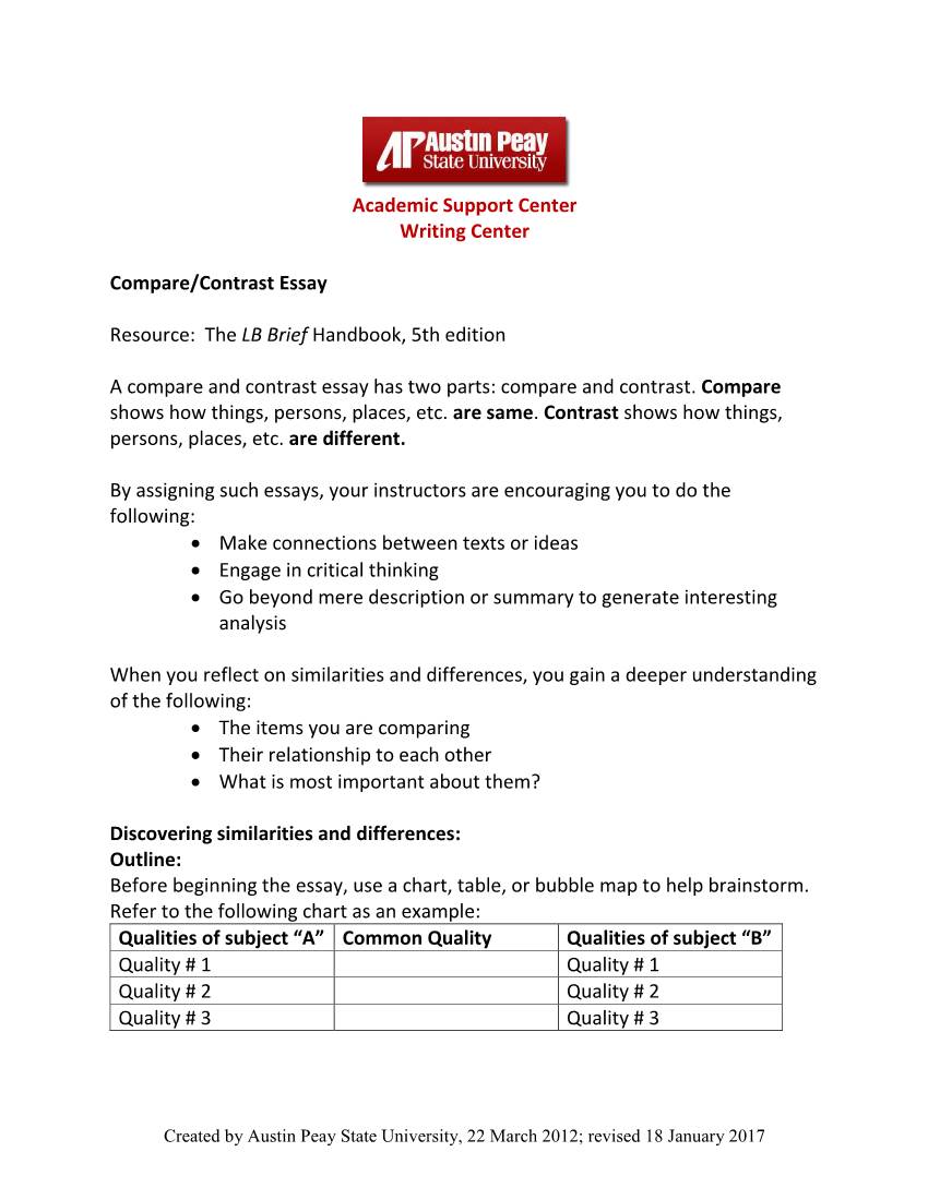 Academic Support Center Writing Center Compare/Contrast Essay Resource