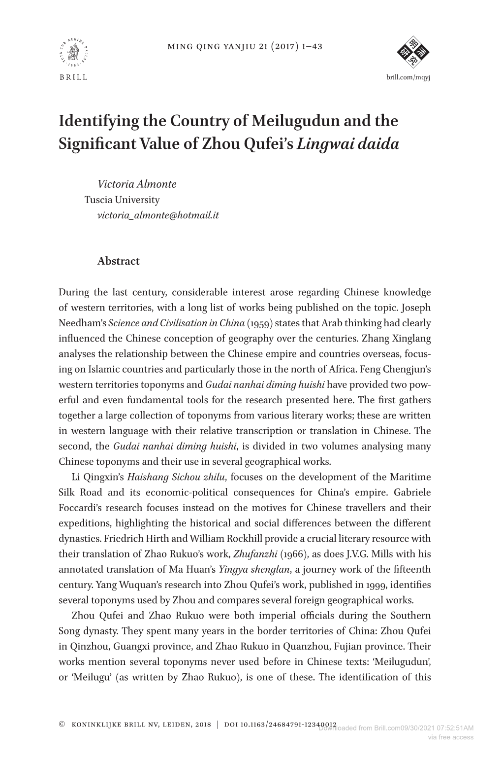 Identifying the Country of Meilugudun and the Significant Value of Zhou Qufei's Lingwai Daida