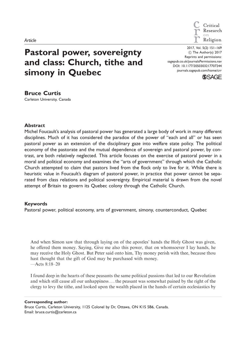 Pastoral Power, Sovereignty and Class: Church, Tithe and Simony In