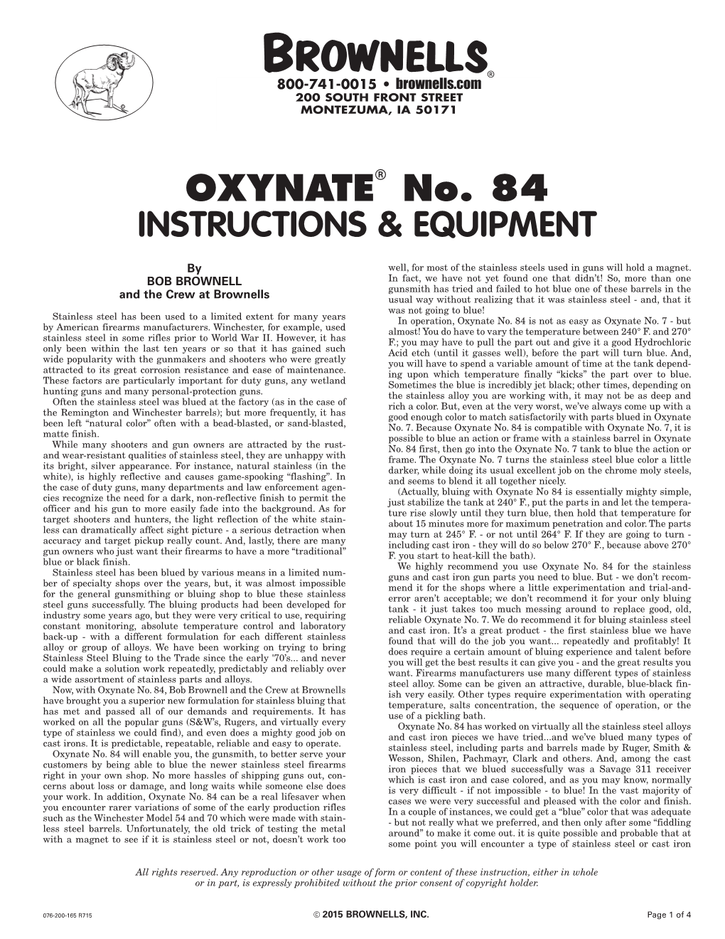 OXYNATE® No. 84 INSTRUCTIONS & EQUIPMENT