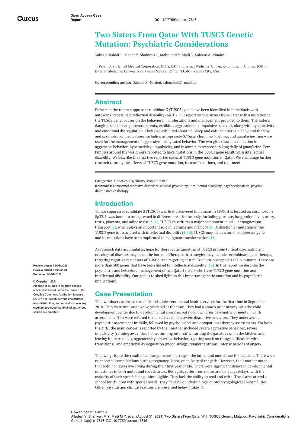 Two Sisters from Qatar with TUSC3 Genetic Mutation: Psychiatric Considerations