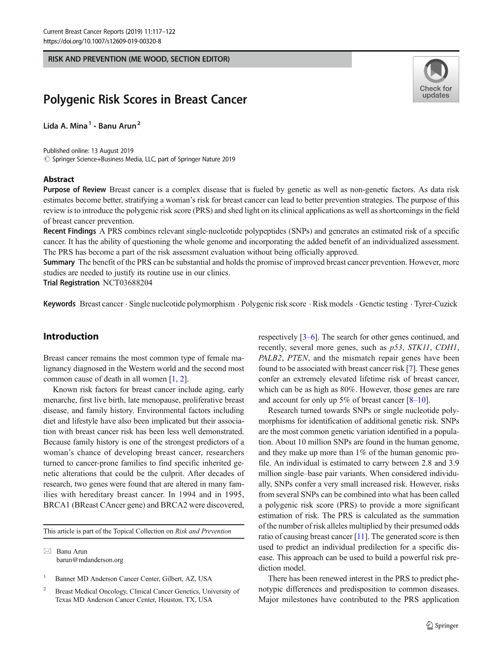 Polygenic Risk Scores in Breast Cancer