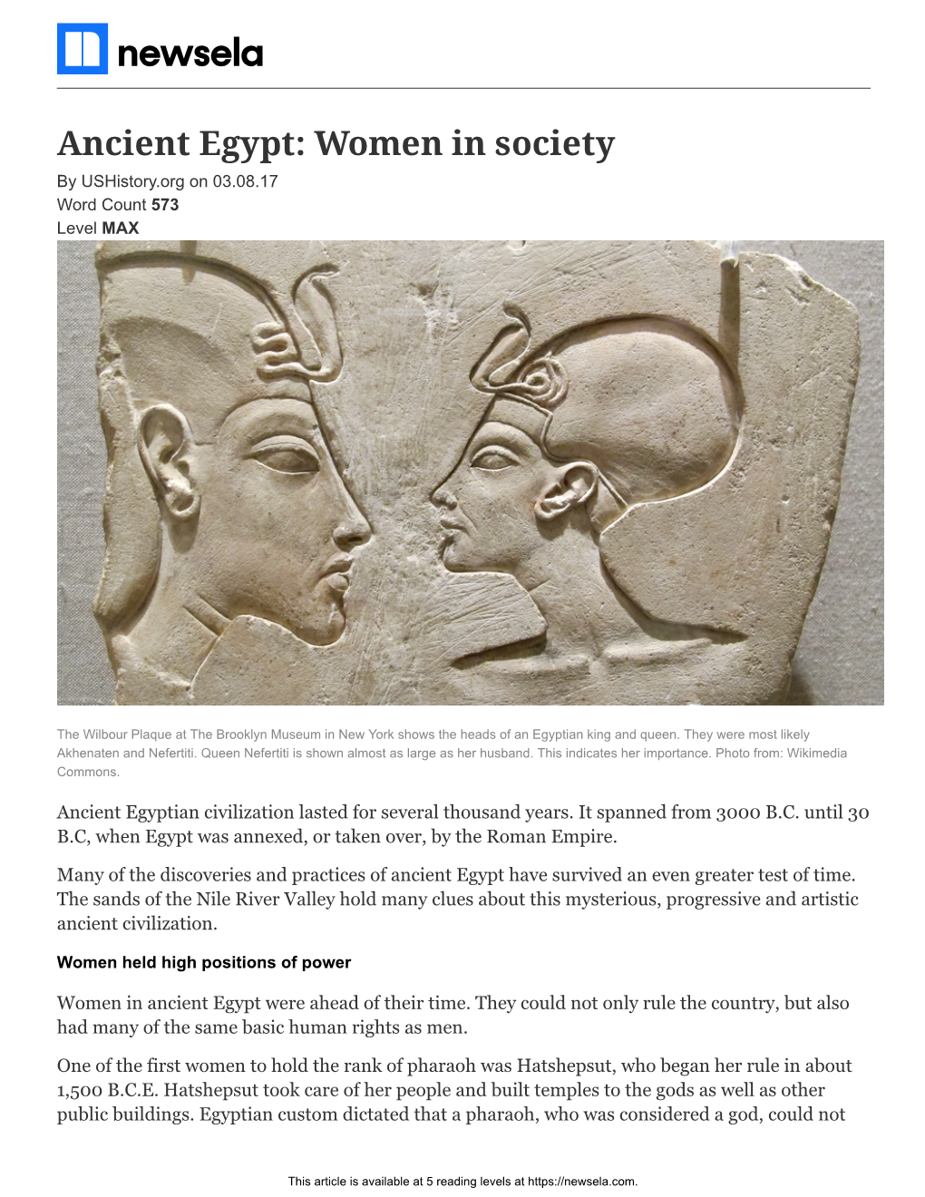 Ancient Egypt: Women in Society by Ushistory.Org on 03.08.17 Word Count 573 Level MAX