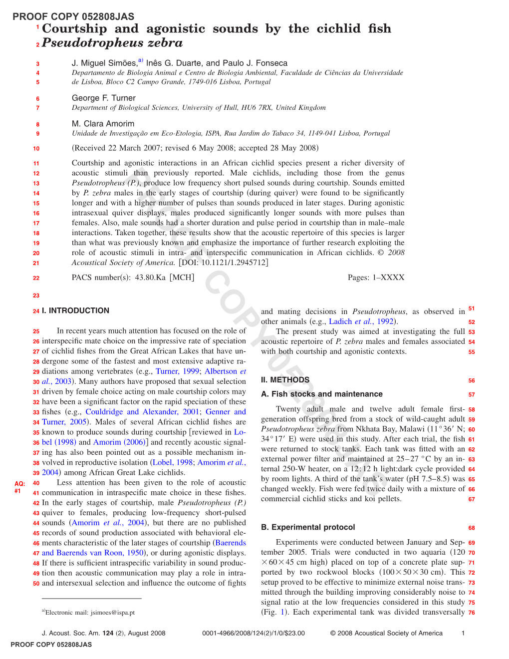 PROOF COPY 052808JAS 1 Courtship and Agonistic Sounds by the Cichlid ﬁsh 2 Pseudotropheus Zebra