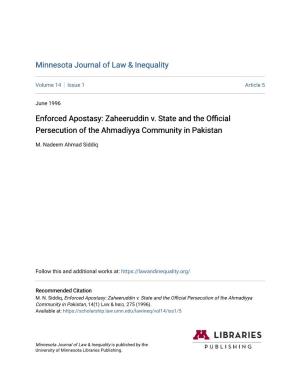 Zaheeruddin V. State and the Official Persecution of the Ahmadiyya Community in Pakistan