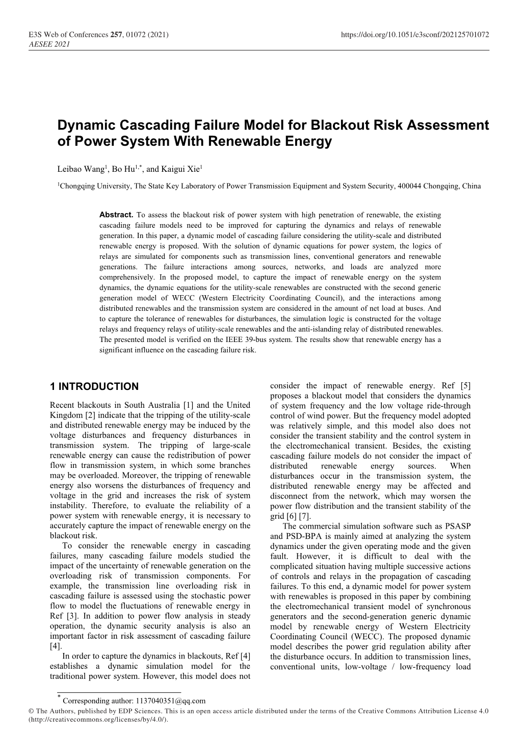Dynamic Cascading Failure Model for Blackout Risk Assessment of Power System with Renewable Energy