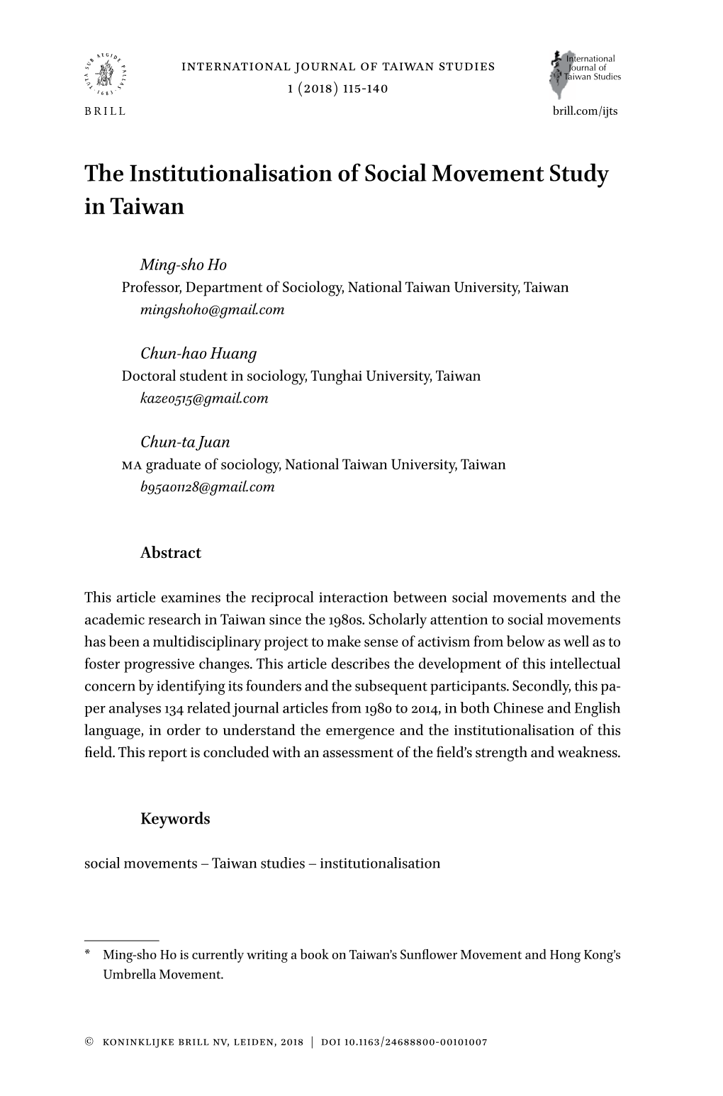 The Institutionalisation of Social Movement Study in Taiwan