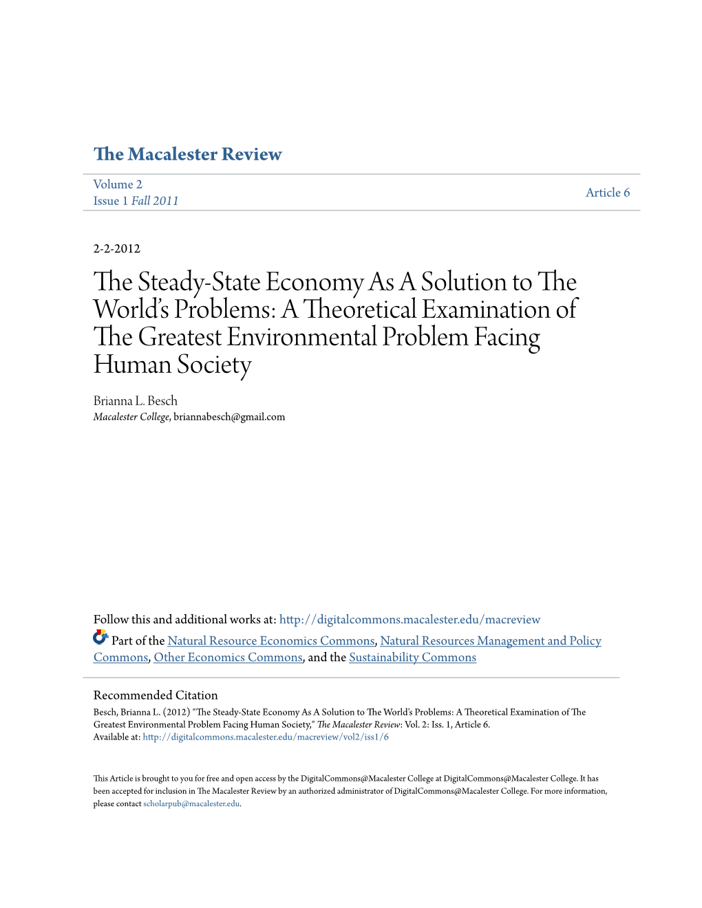 The Steady-State Economy As a Solution to the World's Problems