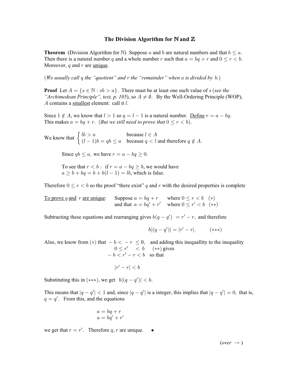 The Division Algorithm for ™ And