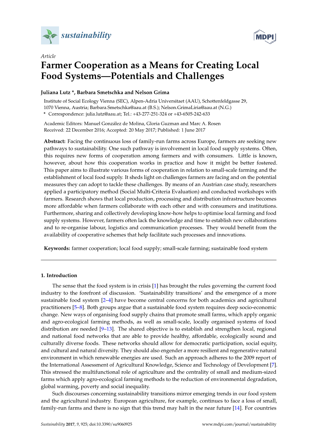 Farmer Cooperation As a Means for Creating Local Food Systems—Potentials and Challenges