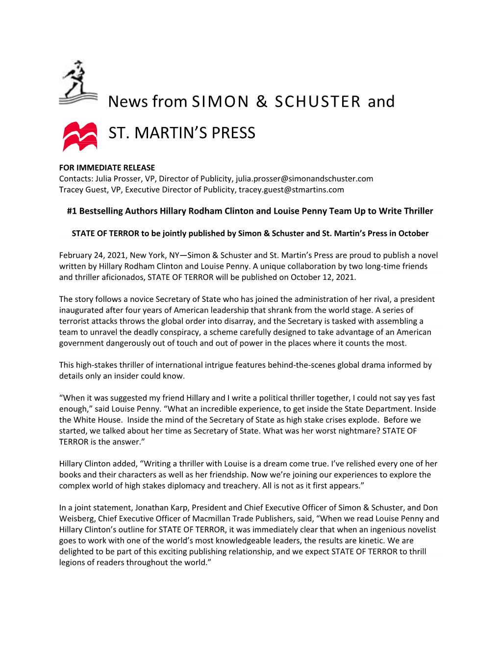 News from SIMON & SCHUSTER and ST. MARTIN's PRESS