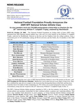 National Football Foundation Proudly Announces the 2009 NFF National Scholar-Athlete Class