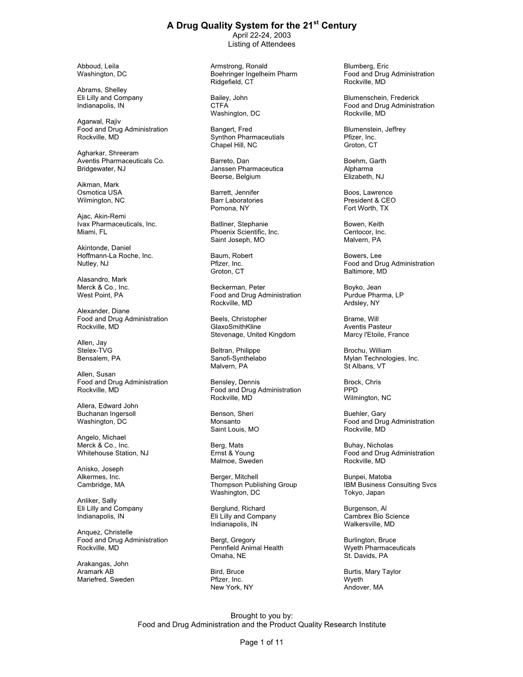 A Drug Quality System for the 21St Century April 22-24, 2003 Listing of Attendees