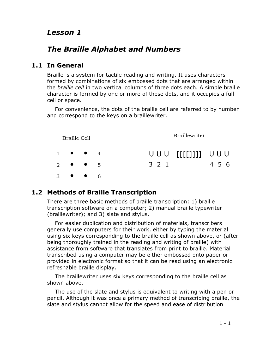 Lesson 1 the Braille Alphabet and Numbers