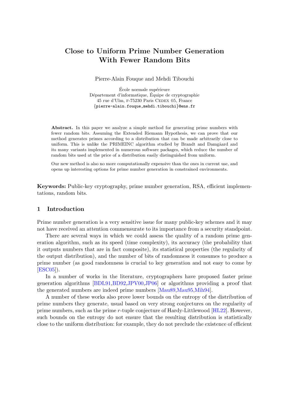 Close to Uniform Prime Number Generation with Fewer Random Bits