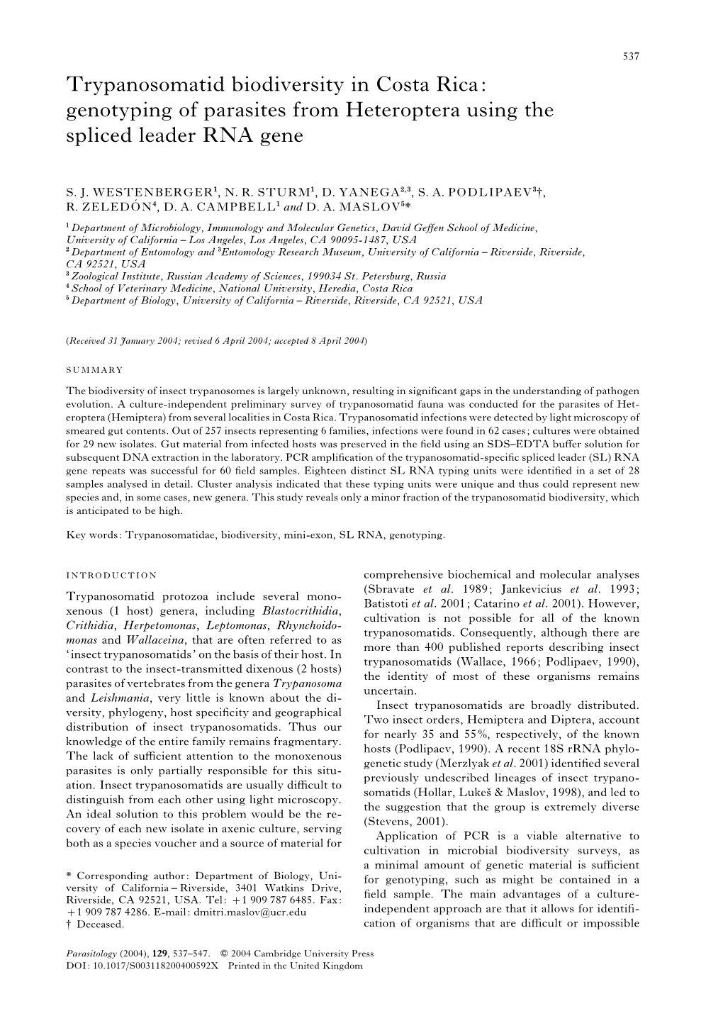 Trypanosomatid Biodiversity in Costa Rica: Genotyping of Parasites from Heteroptera Using the Spliced Leader RNA Gene