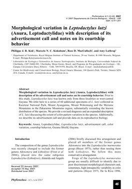 Morphological Variation in Leptodactylus Lutzi (Anura, Leptodactylidae) with Description of Its Advertisement Call and Notes on Its Courtship Behavior
