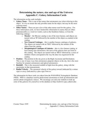 Determining the Nature, Size and Age of the Universe Appendix C: Galaxy Information Cards