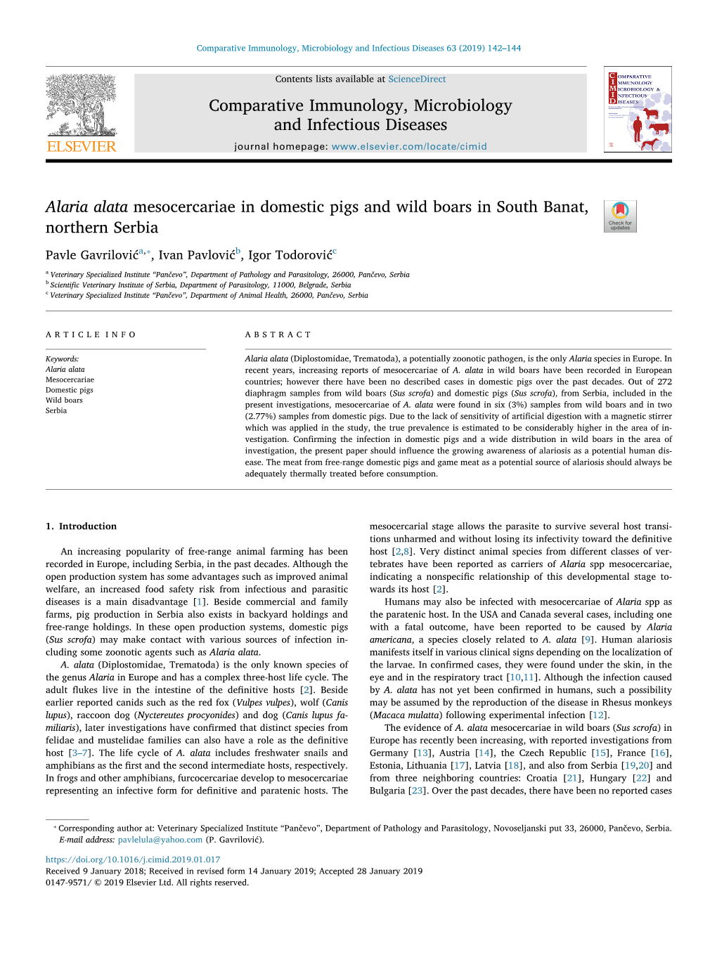 Alaria Alata Mesocercariae in Domestic Pigs and Wild Boars In