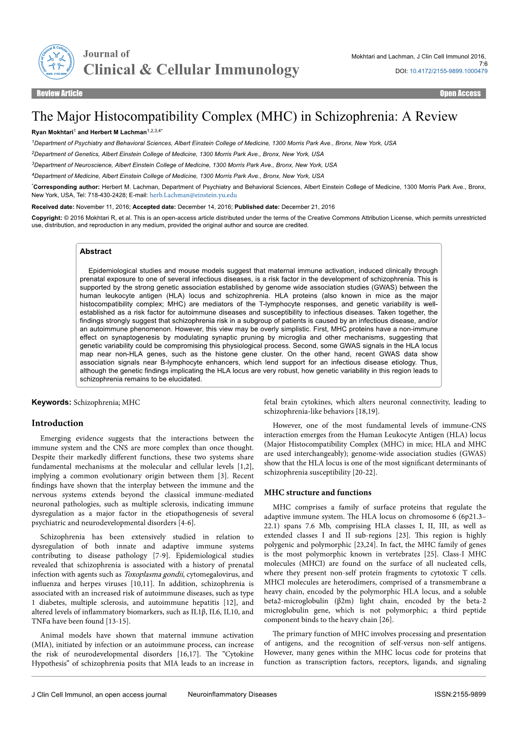 The Major Histocompatibility Complex (MHC) in Schizophrenia