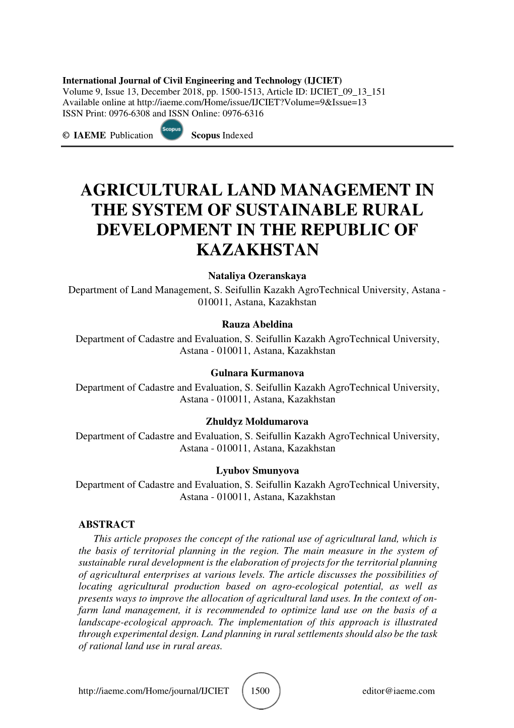 Agricultural Land Management in the System of Sustainable Rural Development in the Republic of Kazakhstan