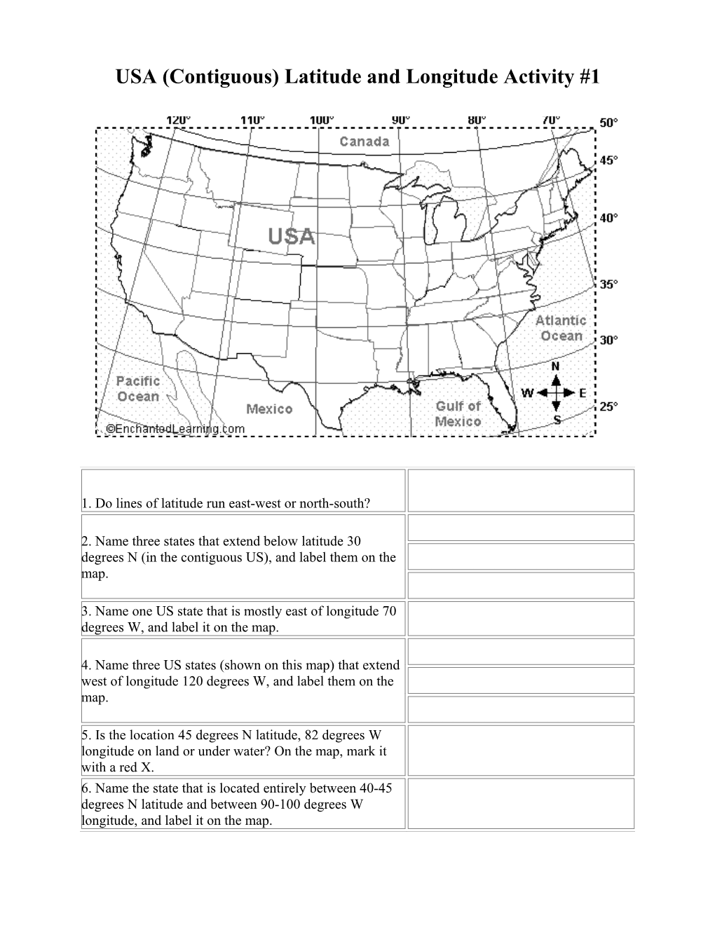 USA (Contiguous) Latitude and Longitude Activity