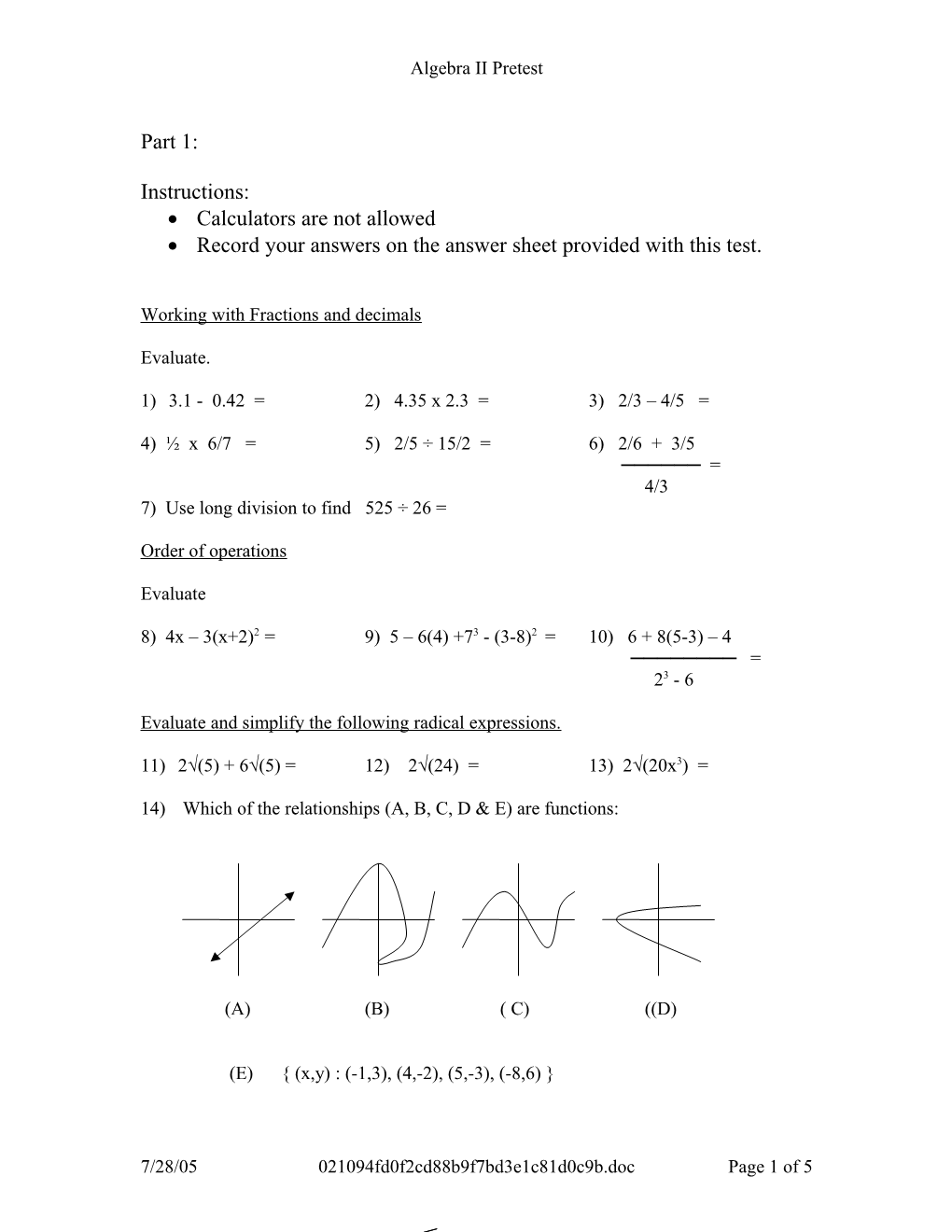 Algebra II Pretest