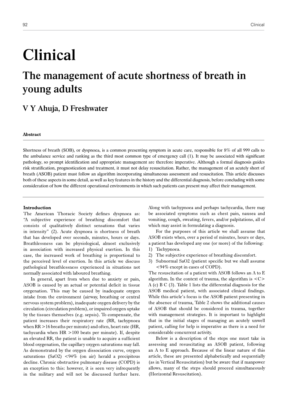 The Management of Acute Shortness of Breath in Young Adults