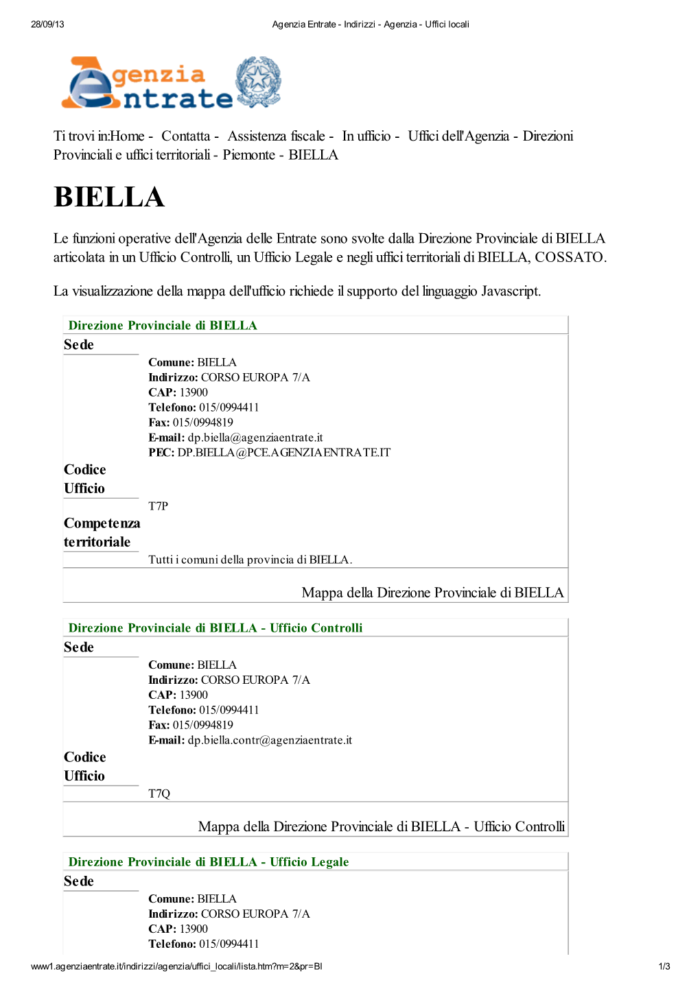 Codici Uffici Agenzia Delle Entrate Della Provincia Di Biella