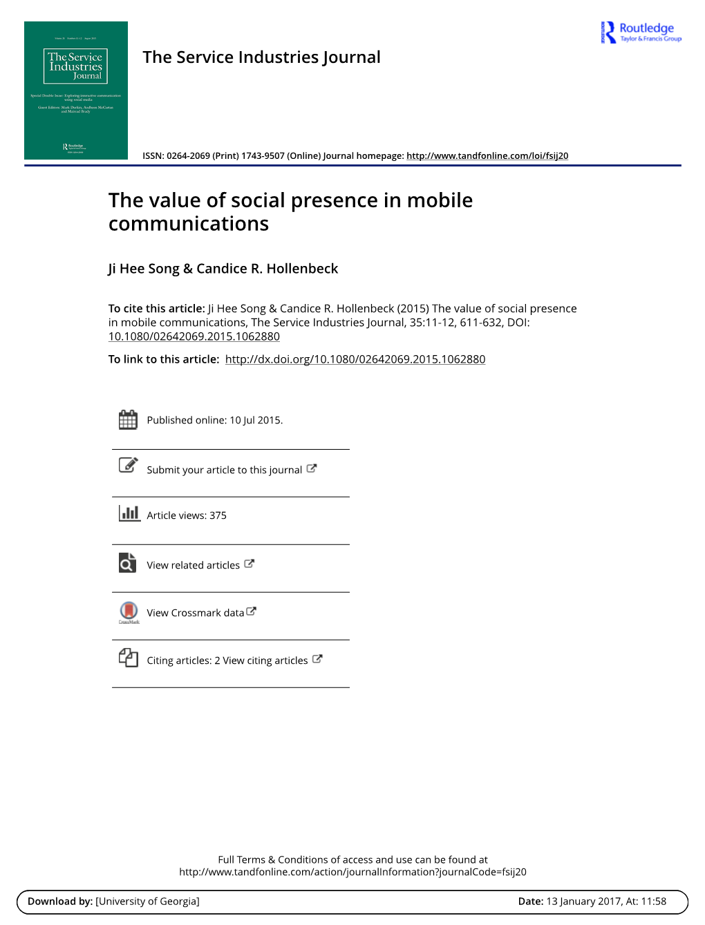 The Value of Social Presence in Mobile Communications