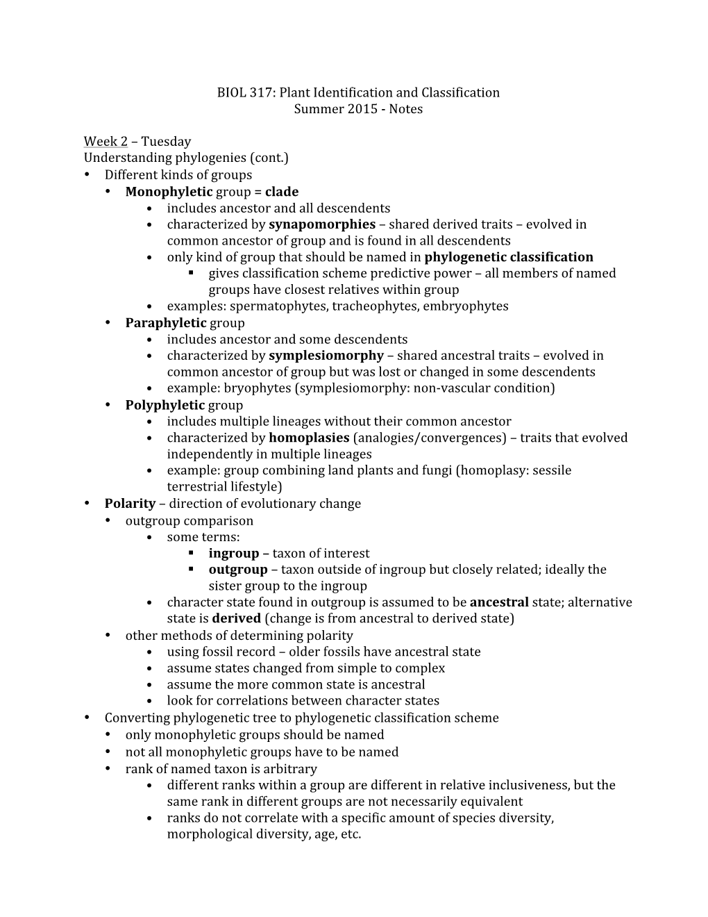 BIOL 317: Plant Identification and Classification Summer 2015 -‐ Notes Week 2