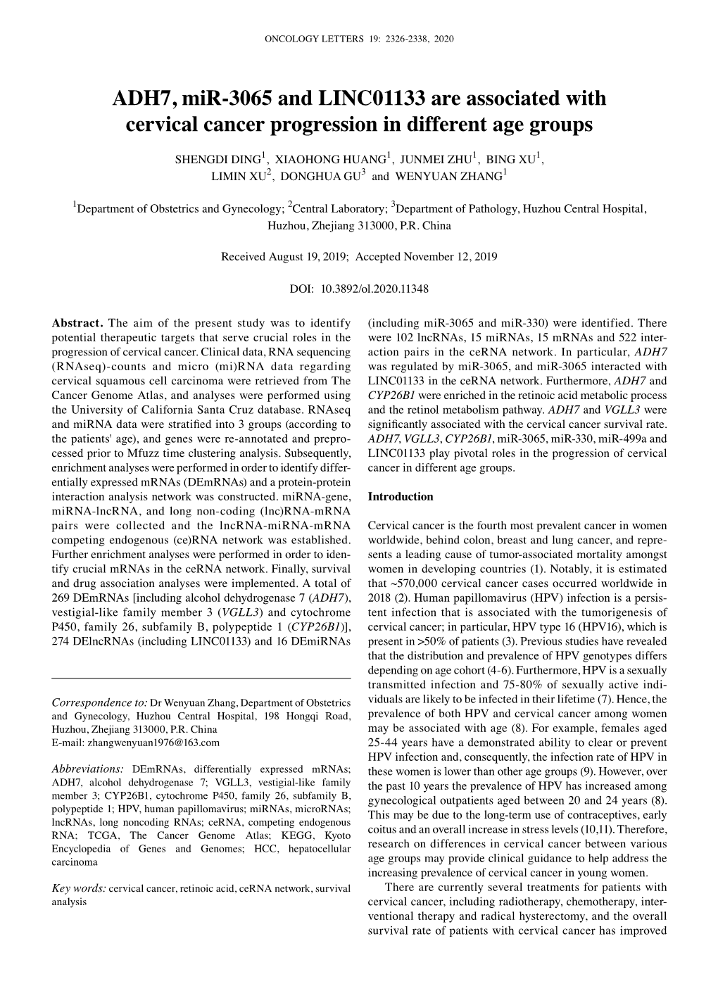 ADH7, Mir‑3065 and LINC01133 Are Associated with Cervical Cancer Progression in Different Age Groups