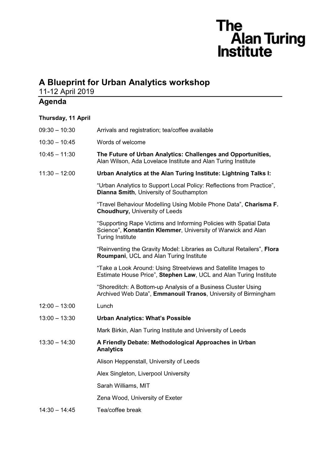 A Blueprint for Urban Analytics Workshop 11-12 April 2019 Agenda