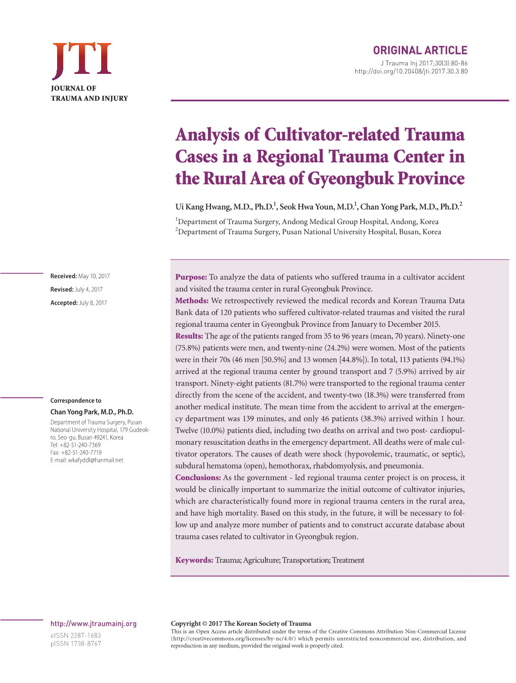 Analysis of Cultivator-Related Trauma Cases in a Regional Trauma Center in the Rural Area of Gyeongbuk Province