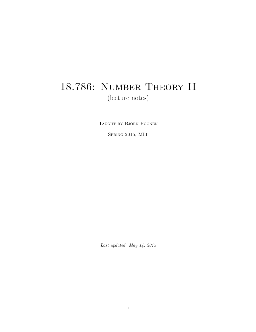 18.786: Number Theory II (Lecture Notes)