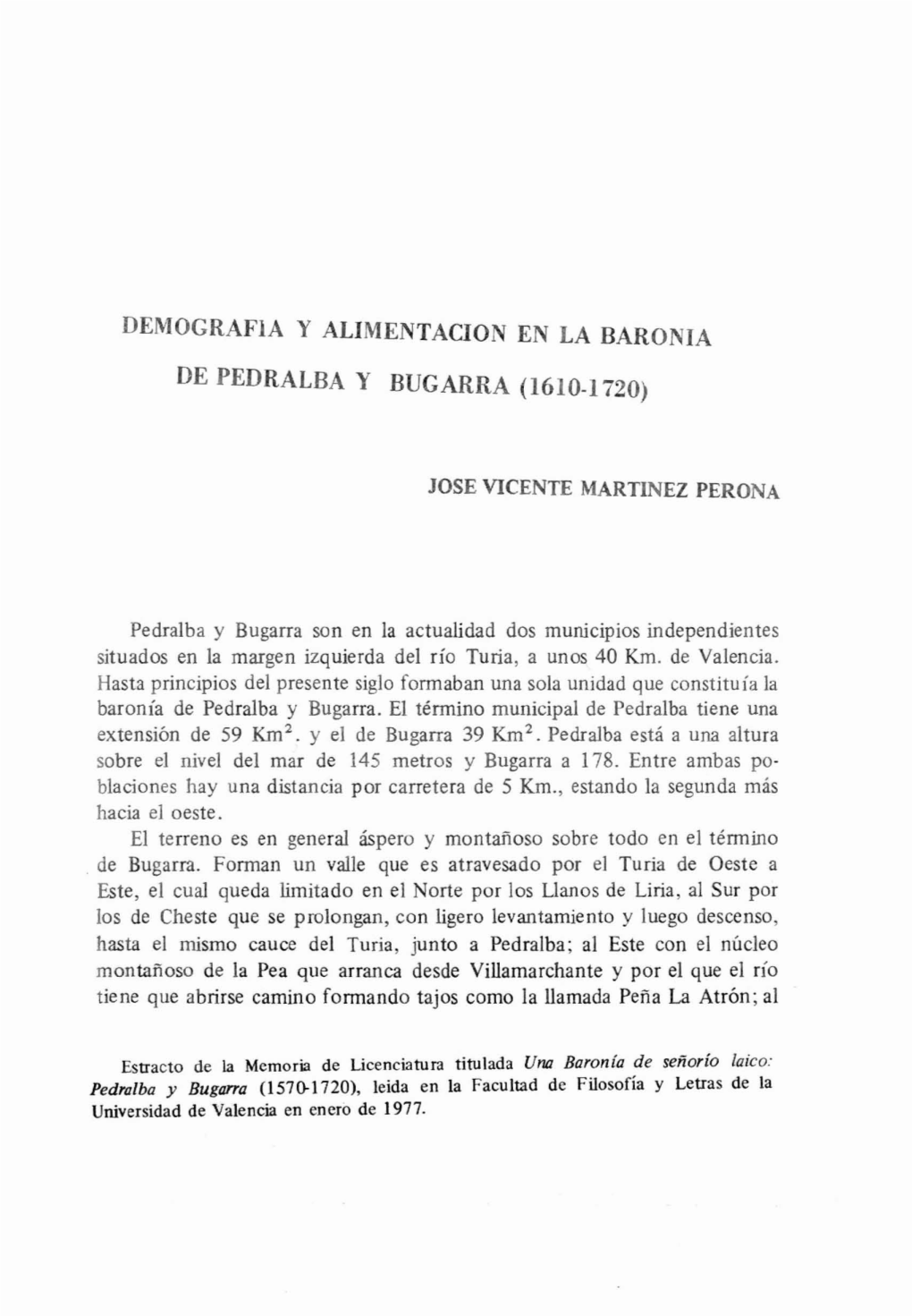 Demografla Y ALIMENTACION EN LA BARONIA DE PEDRALBA Y BUGARRA (1610-1720)