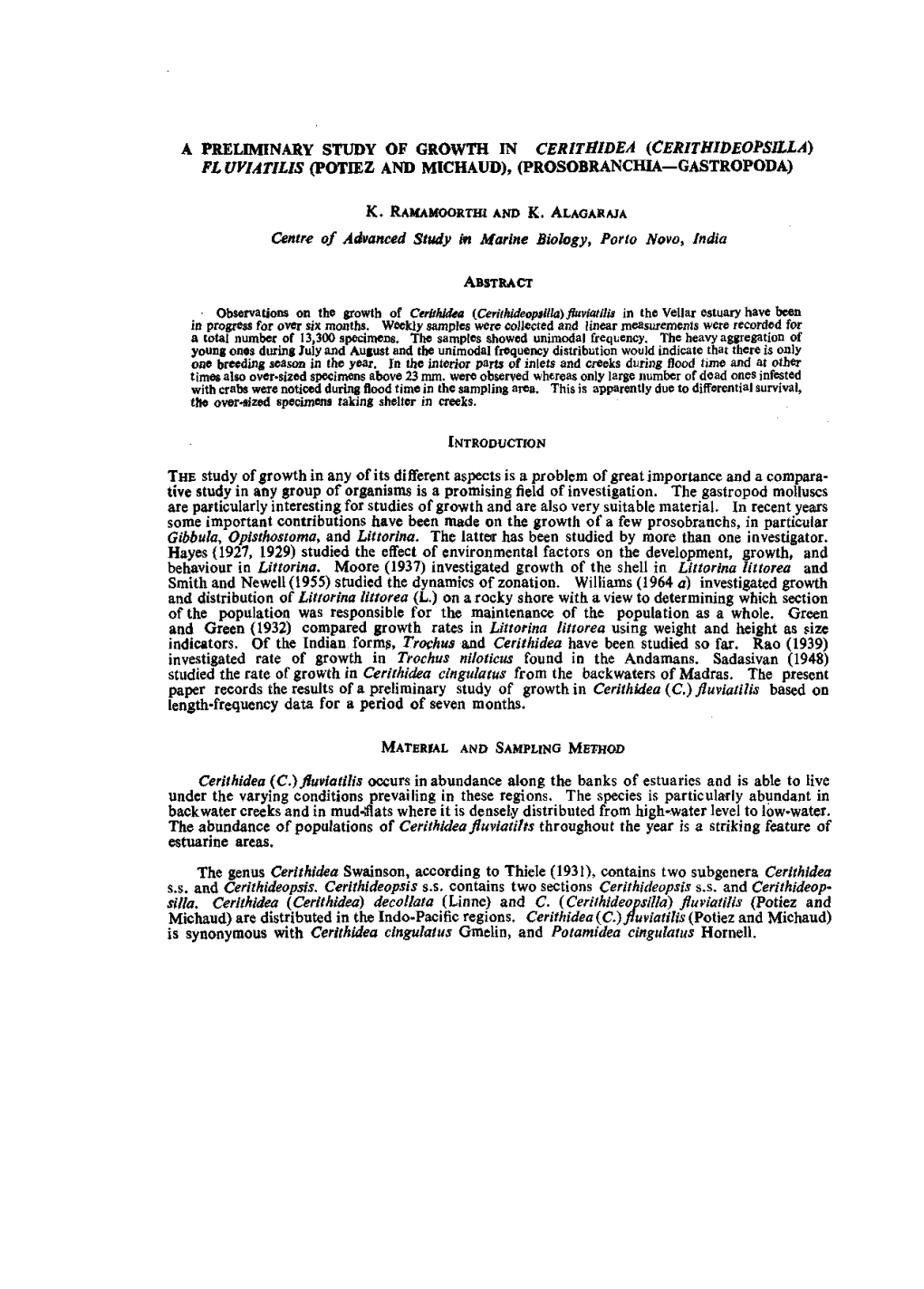 A Preliminary Study of Growth in Cerithidea {Cerithweopsilla) Fluviatilis (Potiez and Michaud), (Prosobranchia—Gastropoda)