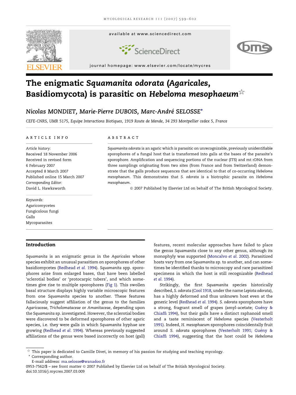 (Agaricales, Basidiomycota) Is Parasitic on Hebeloma Mesophaeum