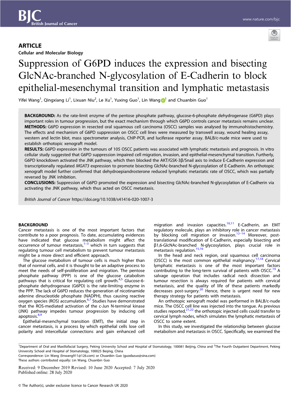 Suppression of G6PD Induces the Expression and Bisecting Glcnac