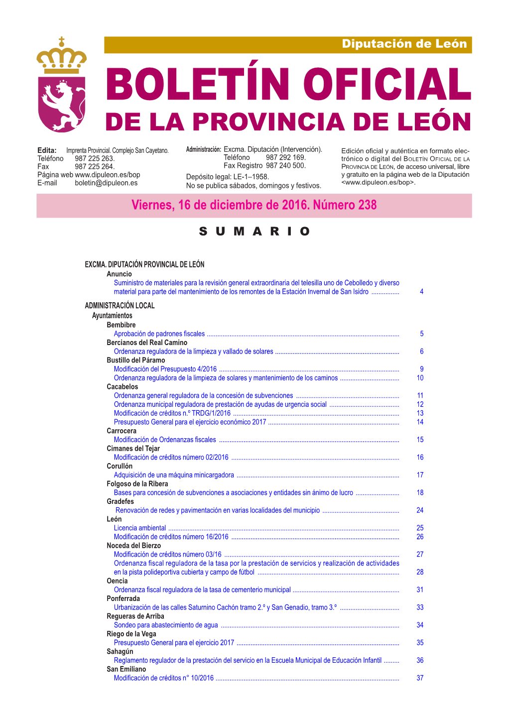 BOLETÍN OFICIAL DE LA PROVINCIA DE LEÓN Edita: Imprenta Provincial