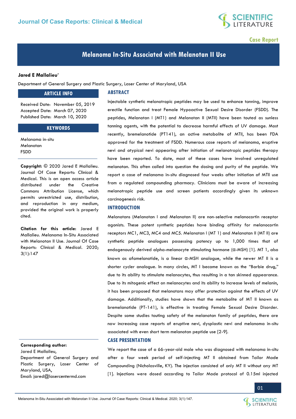 Melanoma In-Situ Associated with Melanotan II Use