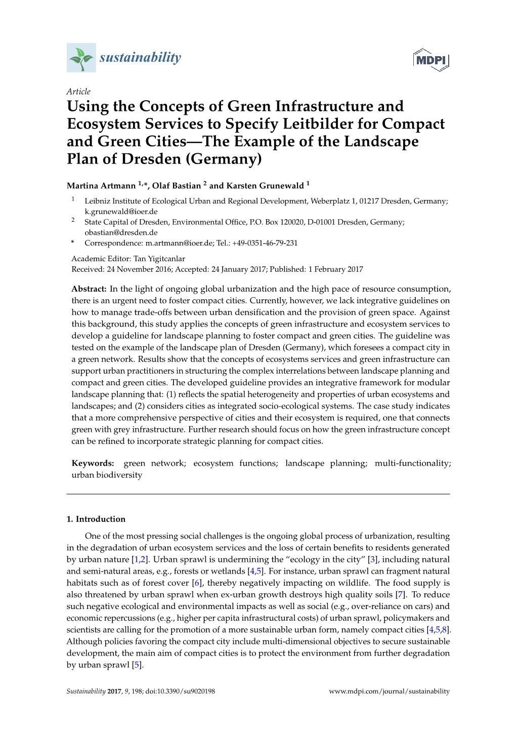 Using the Concepts of Green Infrastructure and Ecosystem Services to Specify Leitbilder for Compact and Green Cities—The Examp